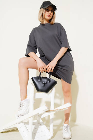 İki İplik Basic Uzun T-shirt Füme - Kadın Giyim Modelleri