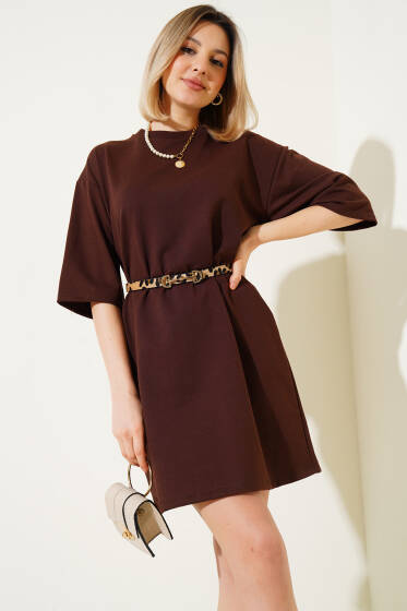 İki İplik Basic Uzun T-shirt Kahve - Kadın Giyim Modelleri