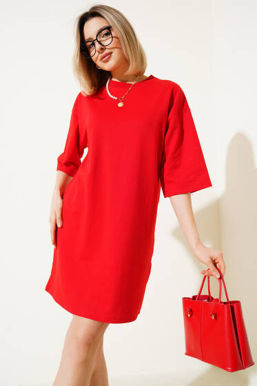 İki İplik Basic Uzun T-shirt Kırmızı - Kadın Giyim Modelleri