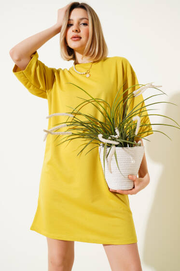 İki İplik Basic Uzun T-shirt Yağ Yeşili - Kadın Giyim Modelleri