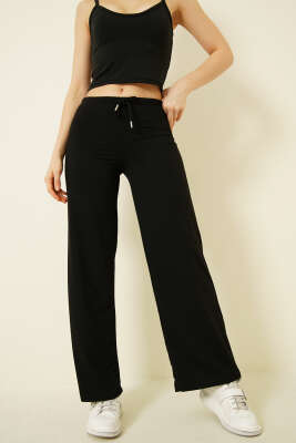 İki İplik Bel Lastikli Pantolon Siyah - Kadın Giyim Modelleri