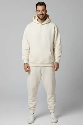 İki İplik Kapüşonlu Erkek Eşofman Takımı Ekru - ERKEK İKİLİ TAKIM