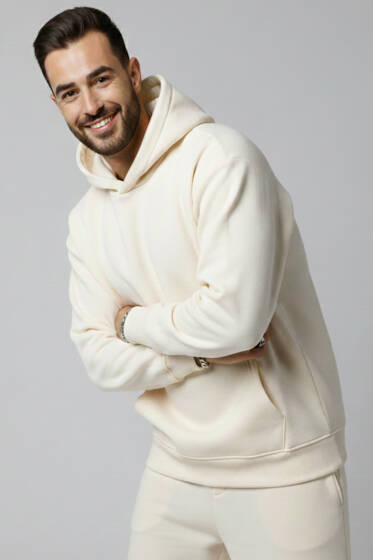 İki İplik Kapüşonlu Erkek Eşofman Takımı Ekru - ERKEK İKİLİ TAKIM