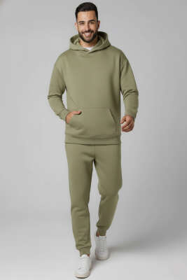 İki İplik Kapüşonlu Erkek Eşofman Takımı Haki 