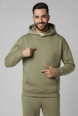 İki İplik Kapüşonlu Erkek Eşofman Takımı Haki - ERKEK İKİLİ TAKIM