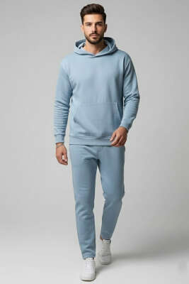 İki İplik Kapüşonlu Erkek Eşofman Takımı Mavi 