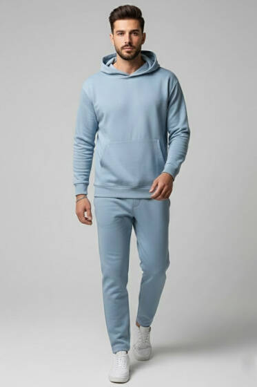 İki İplik Kapüşonlu Erkek Eşofman Takımı Mavi - ERKEK İKİLİ TAKIM