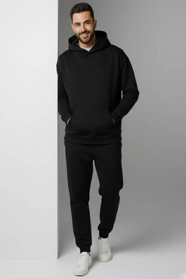 İki İplik Kapüşonlu Erkek Eşofman Takımı Siyah - ERKEK İKİLİ TAKIM