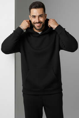 İki İplik Kapüşonlu Erkek Eşofman Takımı Siyah - Yeni Erkek Giyim