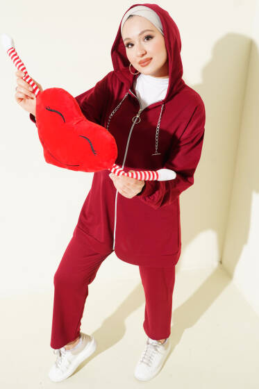 İki İplik Kapüşonlu Fermuarlı İkili Takım Bordo - İkili Takım