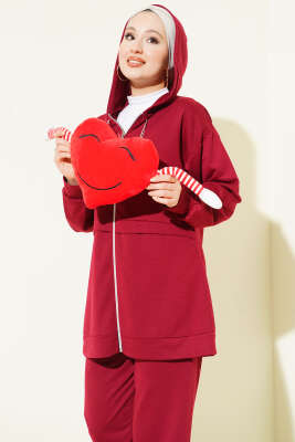 İki İplik Kapüşonlu Fermuarlı İkili Takım Bordo - İkili Takım