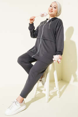 İki İplik Kapüşonlu Fermuarlı İkili Takım Füme - NESSİA