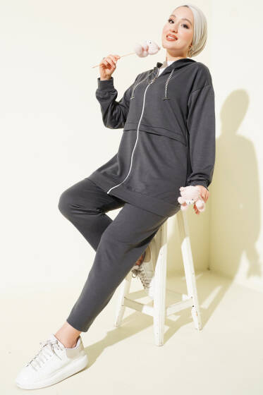 İki İplik Kapüşonlu Fermuarlı İkili Takım Füme - İkili Takım