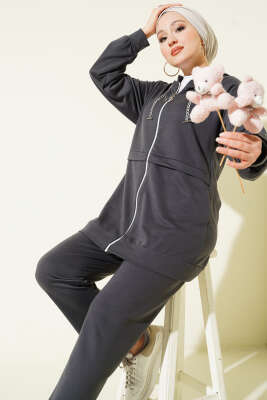 İki İplik Kapüşonlu Fermuarlı İkili Takım Füme - İkili Takım