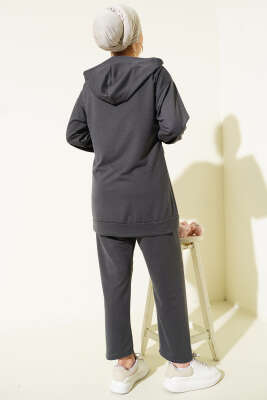 İki İplik Kapüşonlu Fermuarlı İkili Takım Füme - İkili Takım