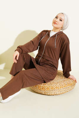 İki İplik Kapüşonlu Fermuarlı İkili Takım Kahve - NESSİA