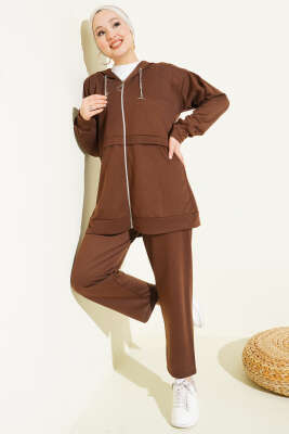 İki İplik Kapüşonlu Fermuarlı İkili Takım Kahve - İkili Takım