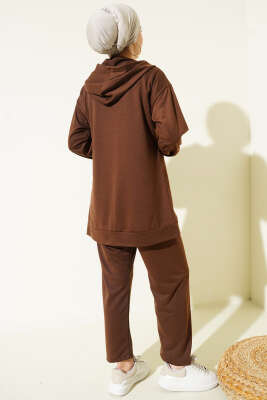 İki İplik Kapüşonlu Fermuarlı İkili Takım Kahve - İkili Takım