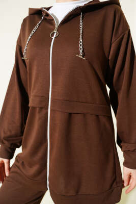 İki İplik Kapüşonlu Fermuarlı İkili Takım Kahve - İkili Takım