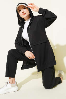 İki İplik Kapüşonlu Fermuarlı İkili Takım Siyah - NESSİA