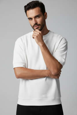 İki İplik Ribanalı Erkek Tişört Beyaz - WOLEE