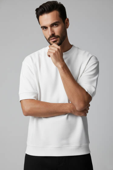 İki İplik Ribanalı Erkek Tişört Beyaz - Yılın Fırsatı