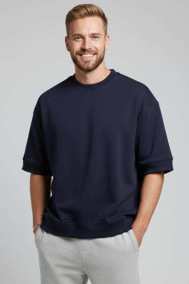 İki İplik Ribanalı Erkek Tişört Lacivert - Erkek T-shirt