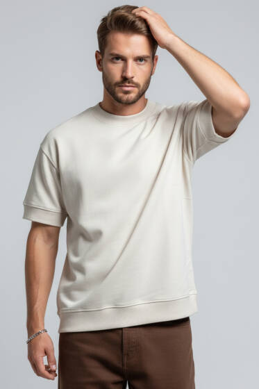 İki İplik Ribanalı Erkek Tişört Taş - Erkek T-shirt