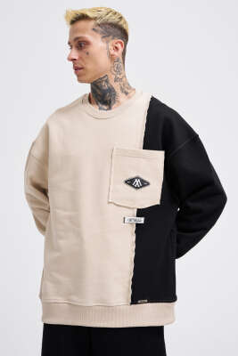 İki Renkli Cepli Erkek Sweatshirt Bej - MACINIST