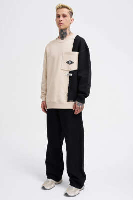 İki Renkli Cepli Erkek Sweatshirt Bej - Erkek Sweatshirt