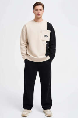 İki Renkli Cepli Erkek Sweatshirt Bej - Erkek Sweatshirt