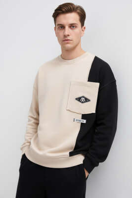 İki Renkli Cepli Erkek Sweatshirt Bej - MACINIST
