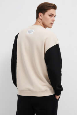 İki Renkli Cepli Erkek Sweatshirt Bej - Erkek Sweatshirt