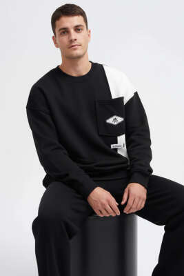 İki Renkli Cepli Erkek Sweatshirt Siyah 