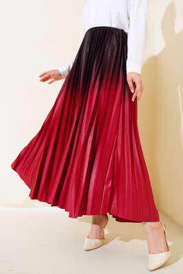 İki Renkli Pileli Etek Bordo - Uzun Etek