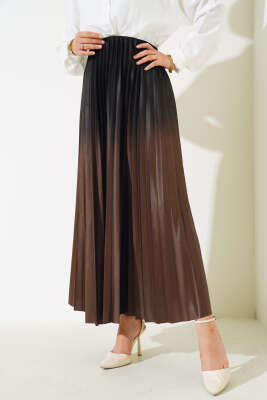 İki Renkli Pileli Etek Kahve - Uzun Etek
