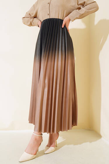 İki Renkli Pileli Etek Latte - Etek