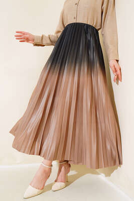 İki Renkli Pileli Etek Latte - Uzun Etek