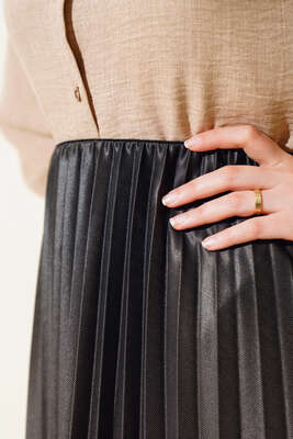 İki Renkli Pileli Etek Latte - Uzun Etek