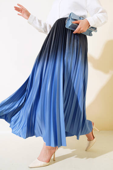 İki Renkli Pileli Etek Mavi - Etek