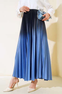 İki Renkli Pileli Etek Mavi - Uzun Etek