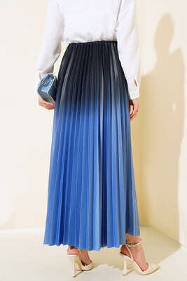 İki Renkli Pileli Etek Mavi - Uzun Etek