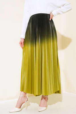 İki Renkli Pileli Etek Yağ Yeşili - Uzun Etek