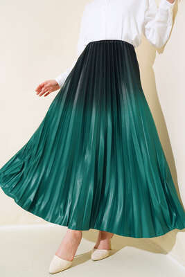 İki Renkli Pileli Etek Zümrüt - Uzun Etek