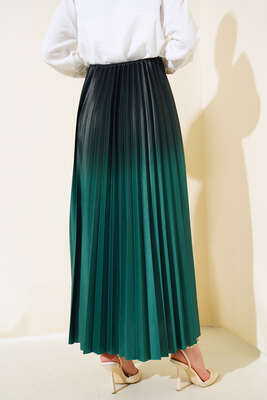 İki Renkli Pileli Etek Zümrüt - Uzun Etek