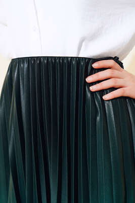 İki Renkli Pileli Etek Zümrüt - Uzun Etek