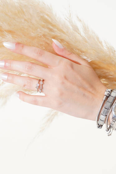 İki Sıra Çiçekli Ayarlanabilir Yüzük Gümüş - Yüzük