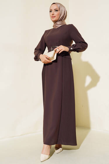 İki Yanı Piliseli Elbise Acı Kahve - Elbise
