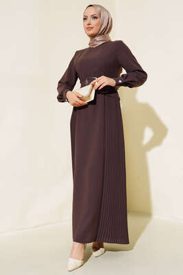 İki Yanı Piliseli Elbise Acı Kahve - Tesettür Elbise