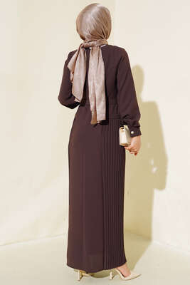 İki Yanı Piliseli Elbise Acı Kahve - Tesettür Elbise